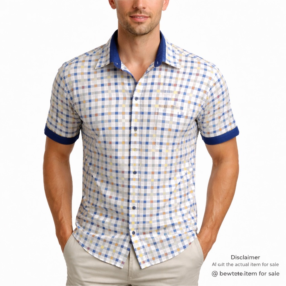 SUSLO Medium White Blue Yellow Check Short Sleeve Stretch Camp Shirt